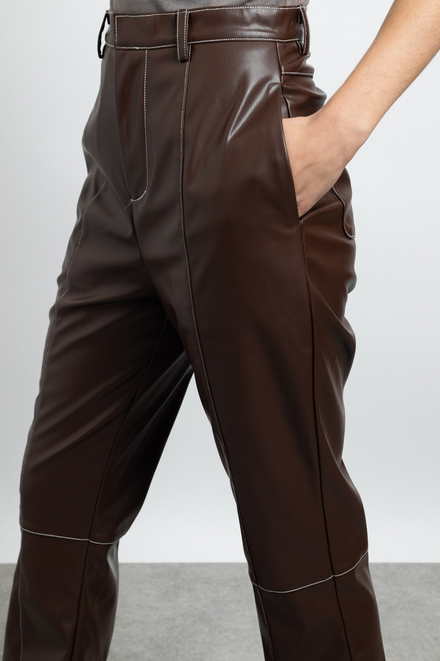 Daisy Street - Brown PU Trousers with Contrast Stitching
