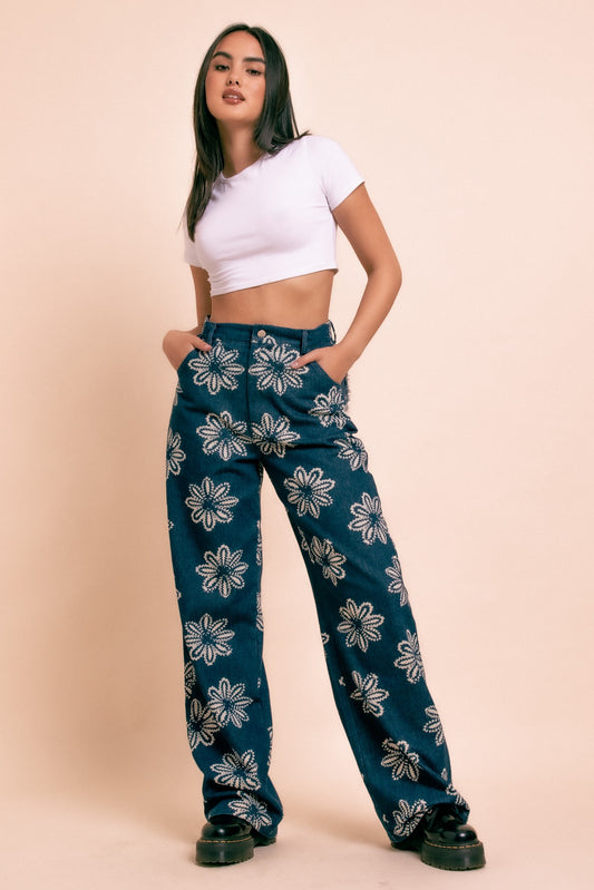 Daisy Street - Wide Leg Batik Flower Jeans
