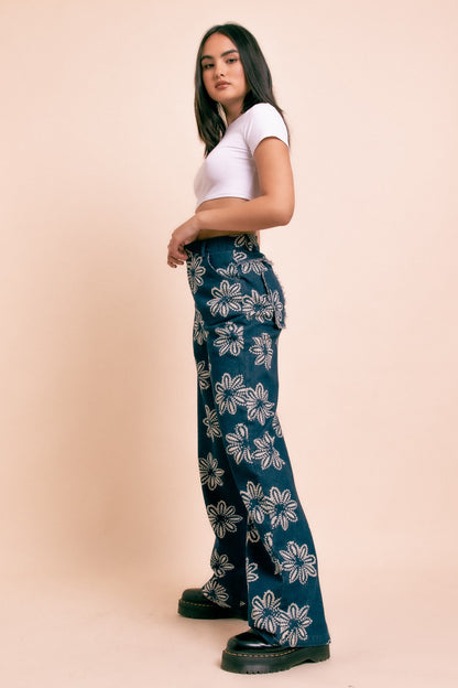 Daisy Street - Wide Leg Batik Flower Jeans