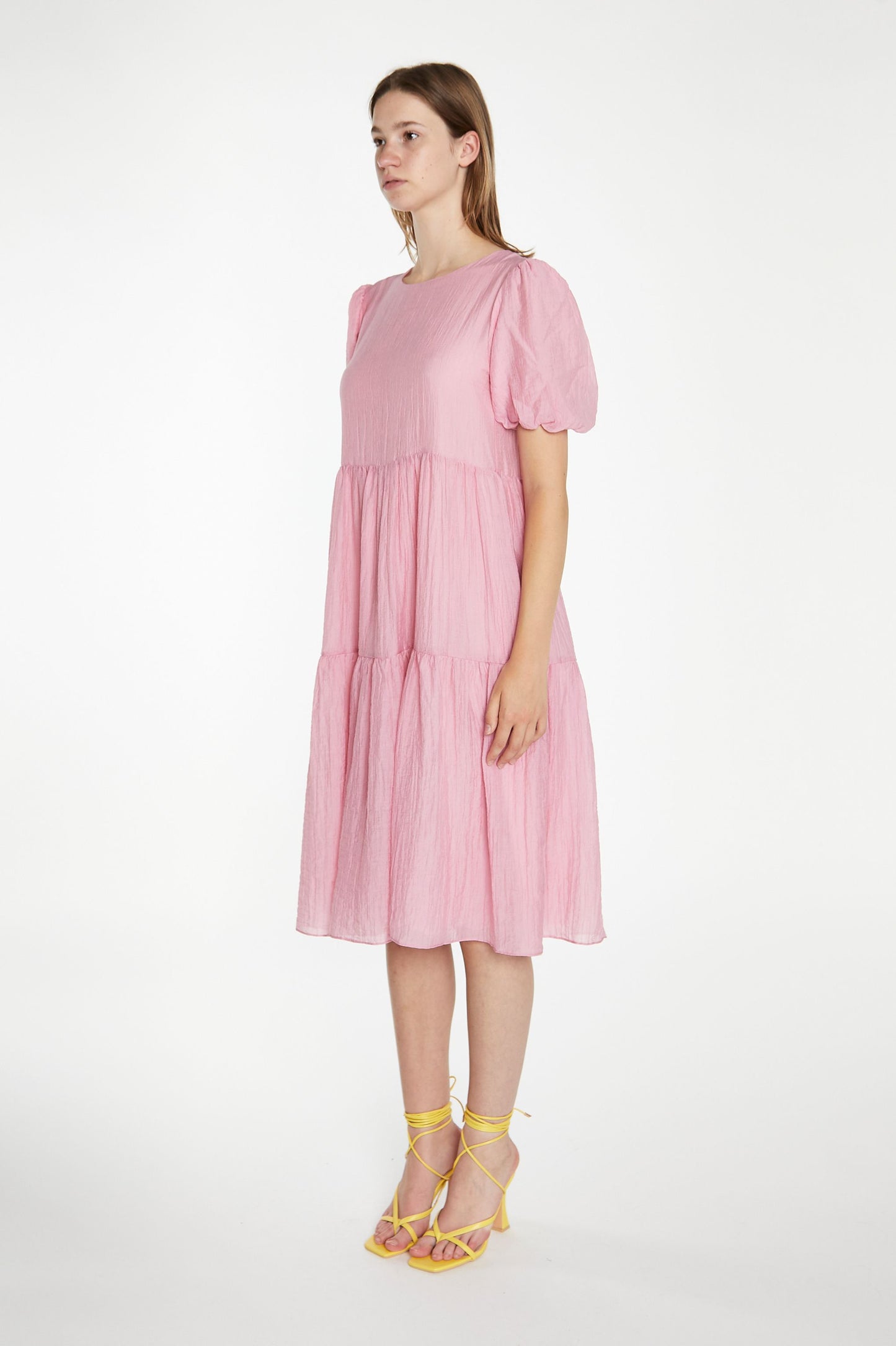 Glamorous - Soft Pink Puff Sleeve Tiered Dress