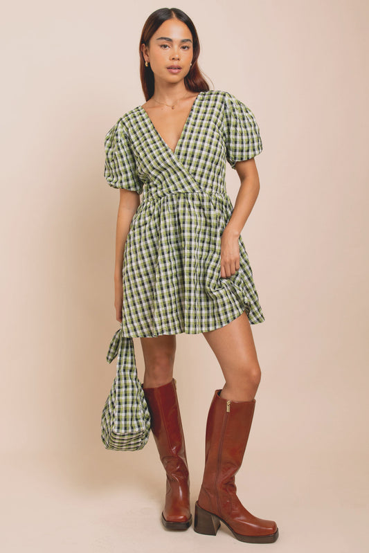 Daisy Street - Green Gingham Check Seersucker Mini Dress