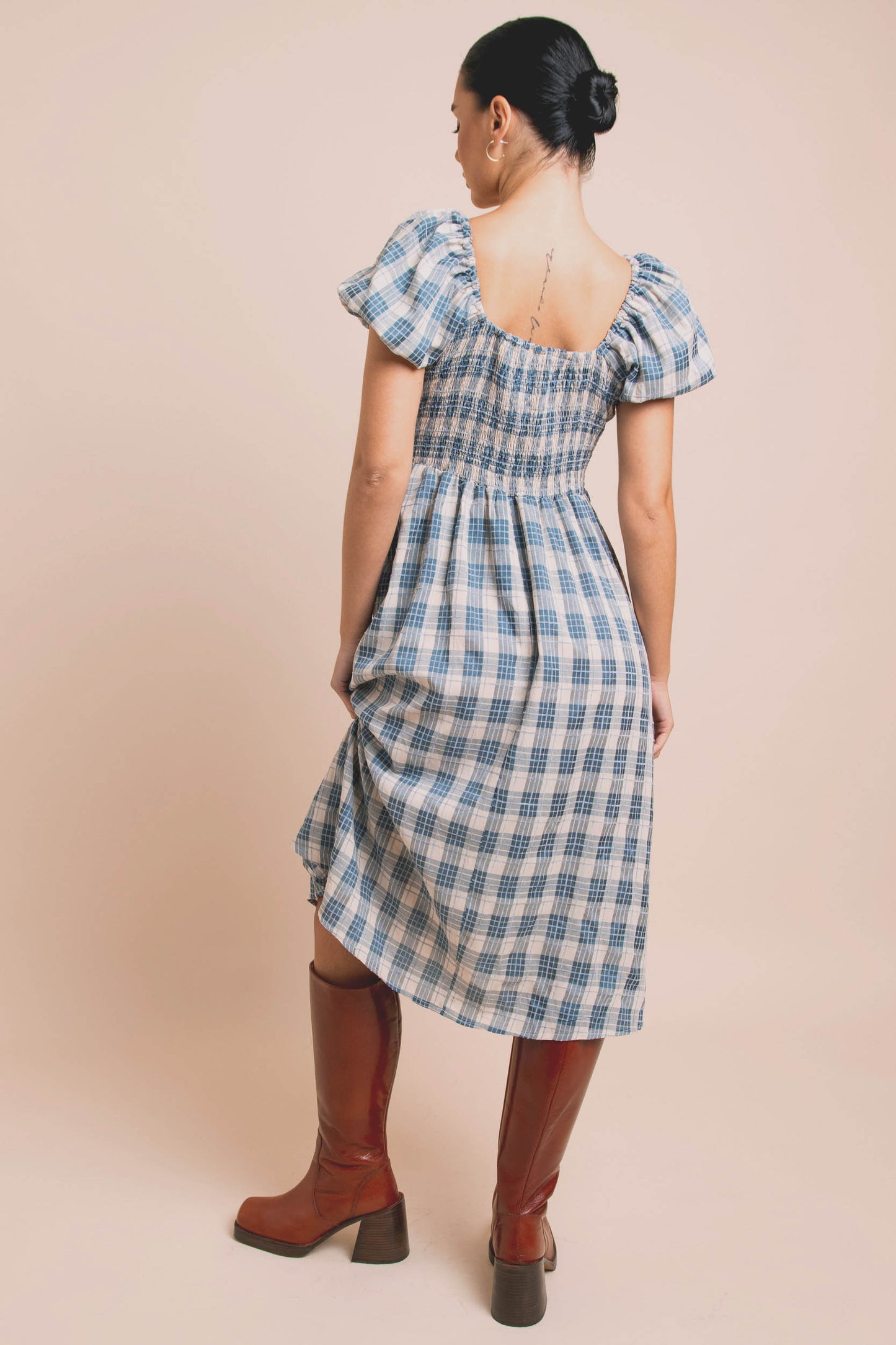 Daisy Street - Blue Check Shirred Bodice Dress