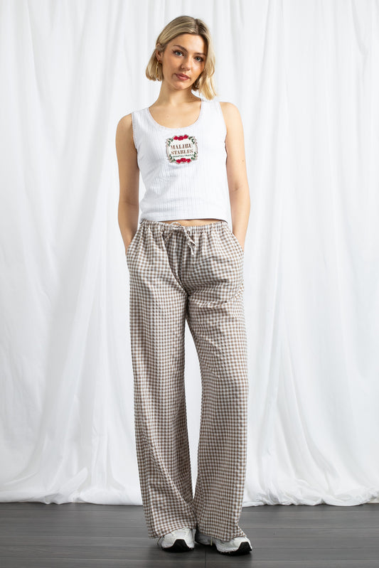 Daisy Street - Crinkle Beige Gingham Wide Leg Trousers