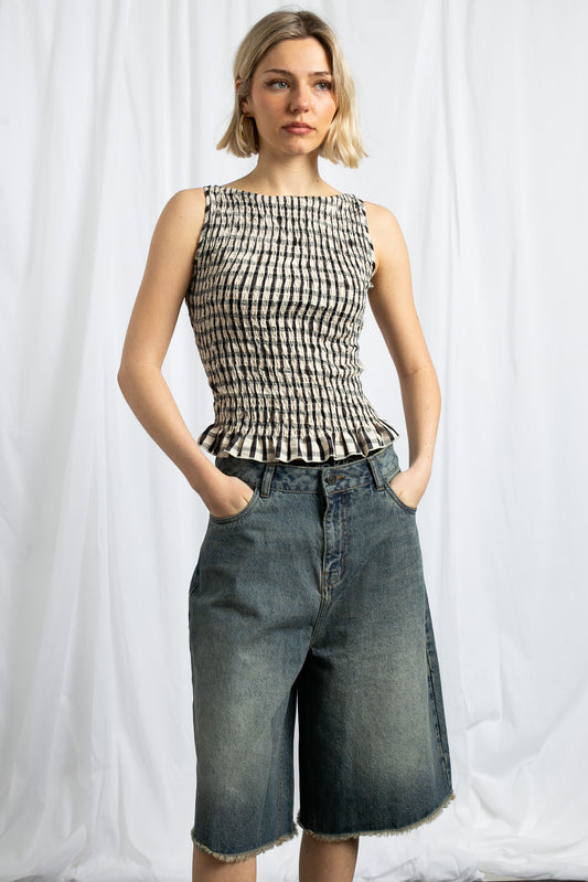 Daisy Street - Black & White Check Shirred Top
