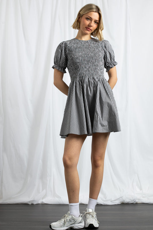 Daisy Street - Grey & Red Striped Puff Sleeve Mini Dress