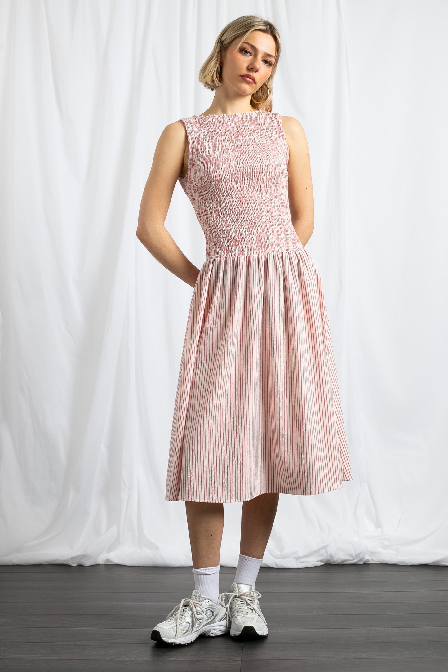 Daisy Street - Drop Waist Shirred Midaxi Dress in Red Stripe