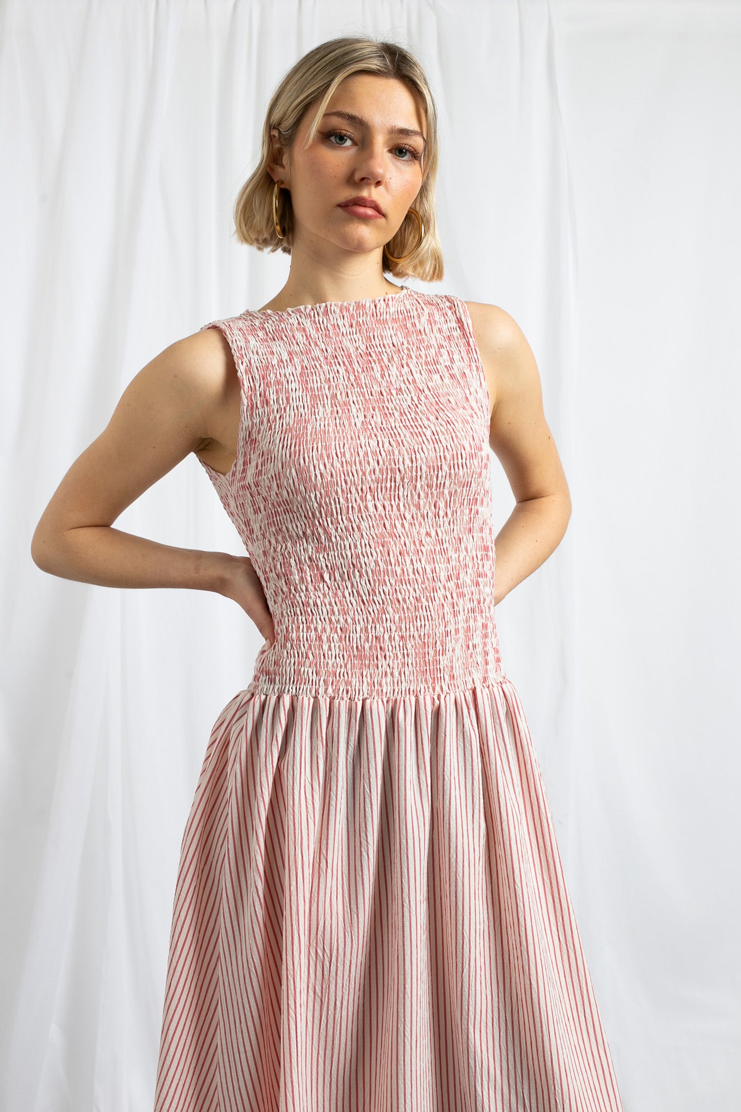 Daisy Street - Drop Waist Shirred Midaxi Dress in Red Stripe