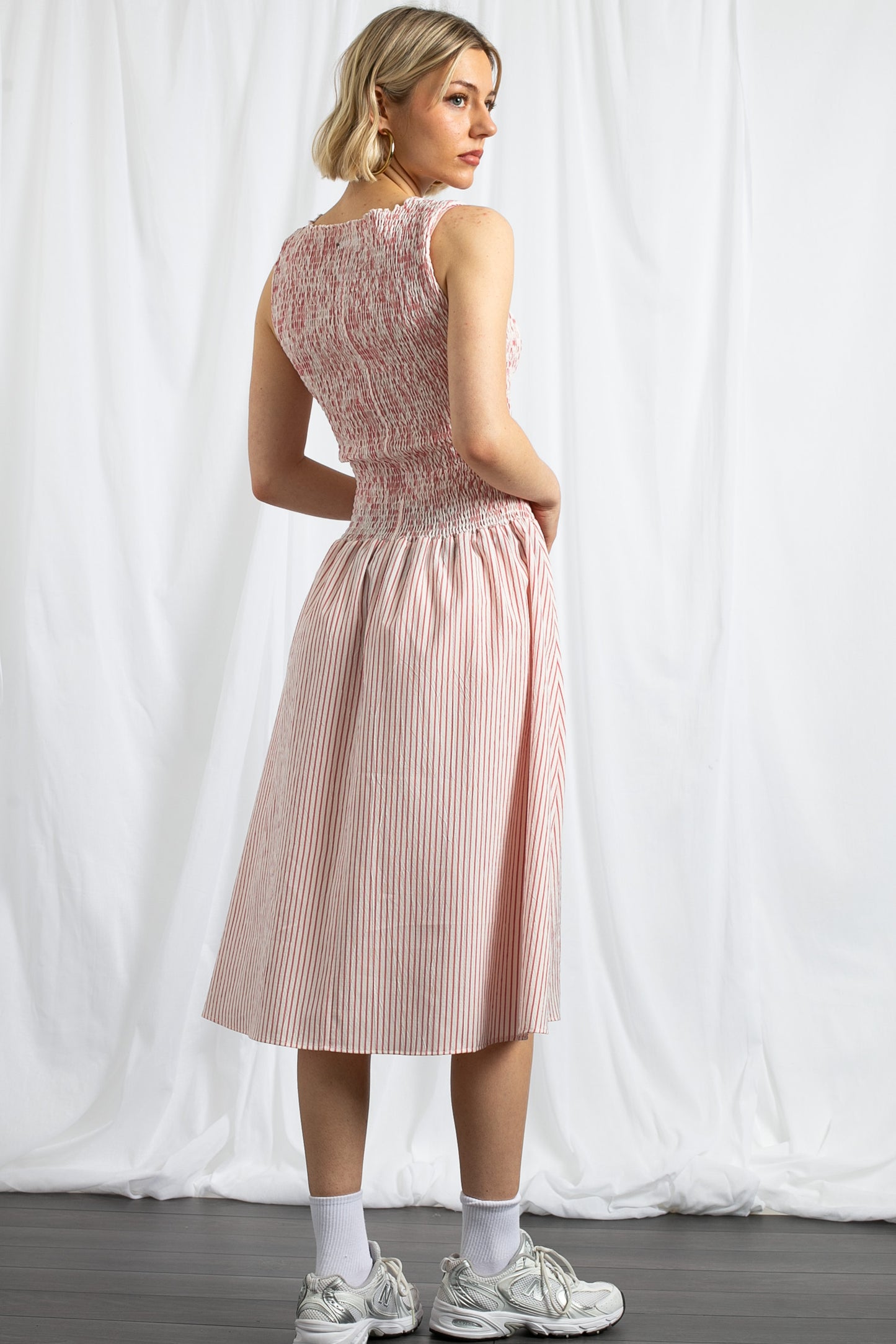 Daisy Street - Drop Waist Shirred Midaxi Dress in Red Stripe