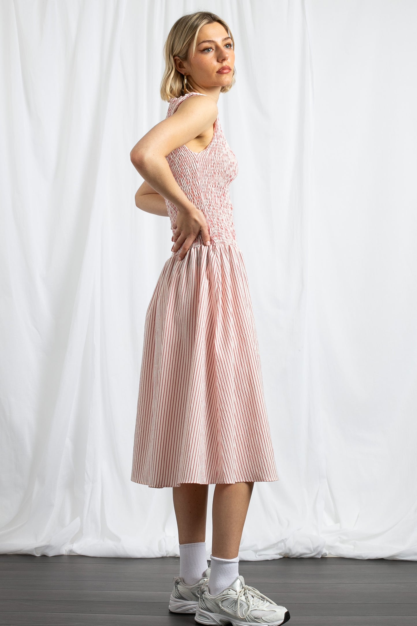 Daisy Street - Drop Waist Shirred Midaxi Dress in Red Stripe