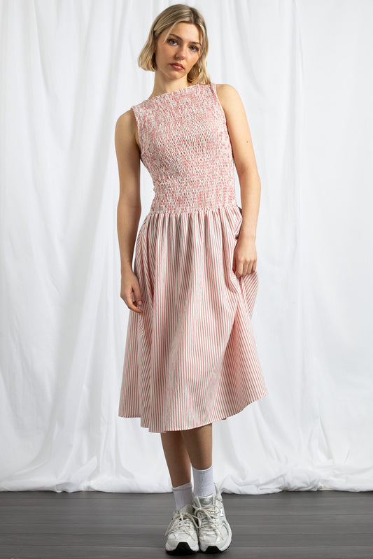Daisy Street - Drop Waist Shirred Midaxi Dress in Red Stripe