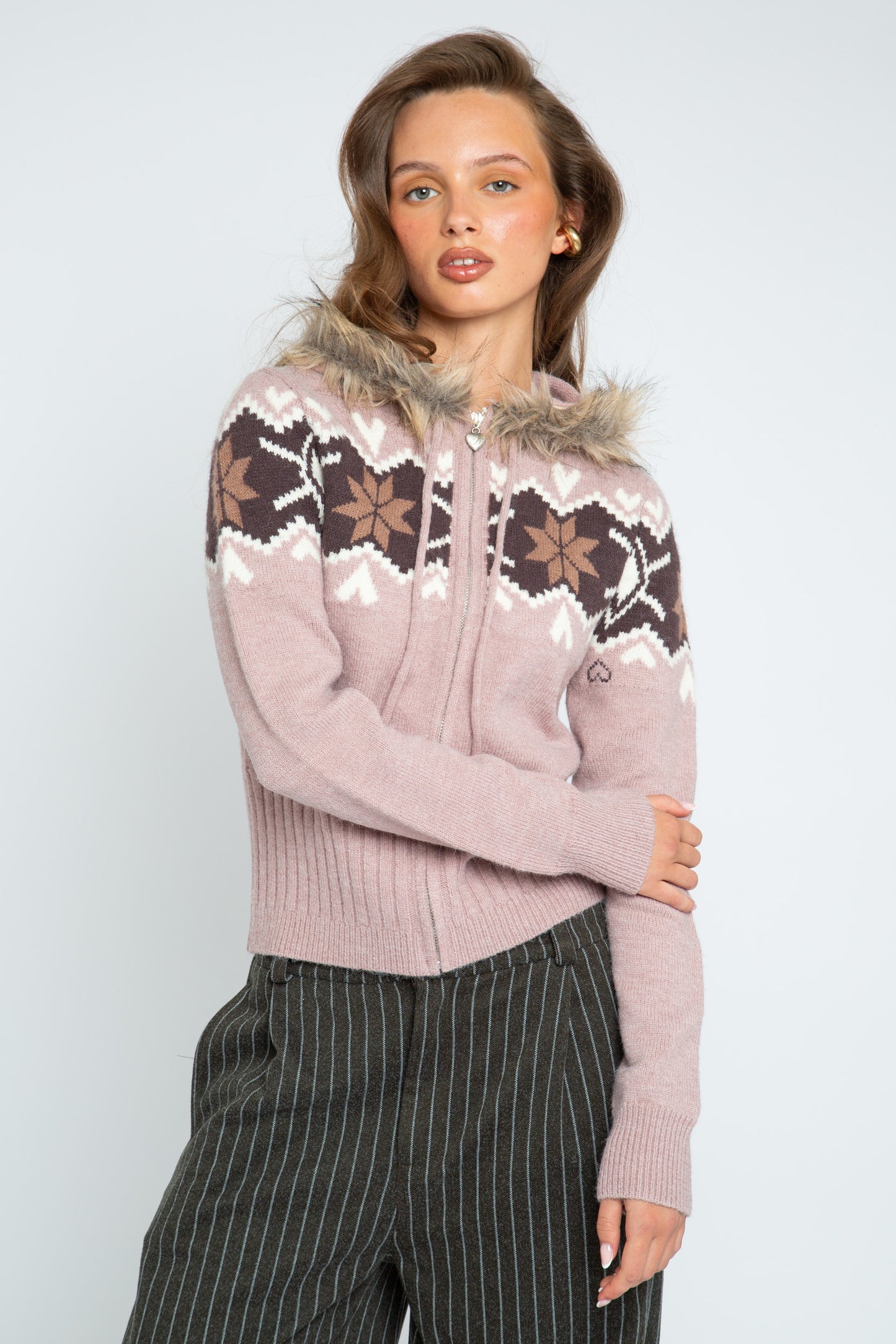 Daisy Street - Dusky Pink Hooded Lottie Zip-through Knit