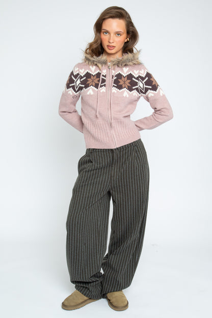 Daisy Street - Dusky Pink Hooded Lottie Zip-through Knit