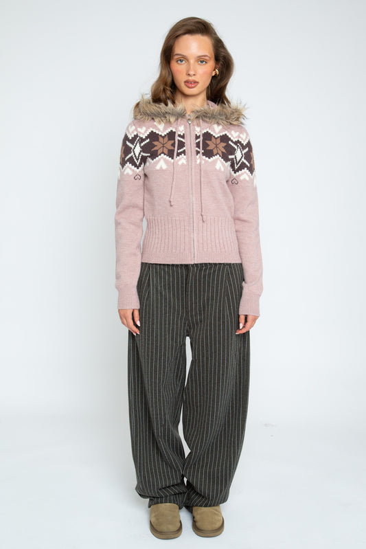 Daisy Street - Dusky Pink Hooded Lottie Zip-through Knit