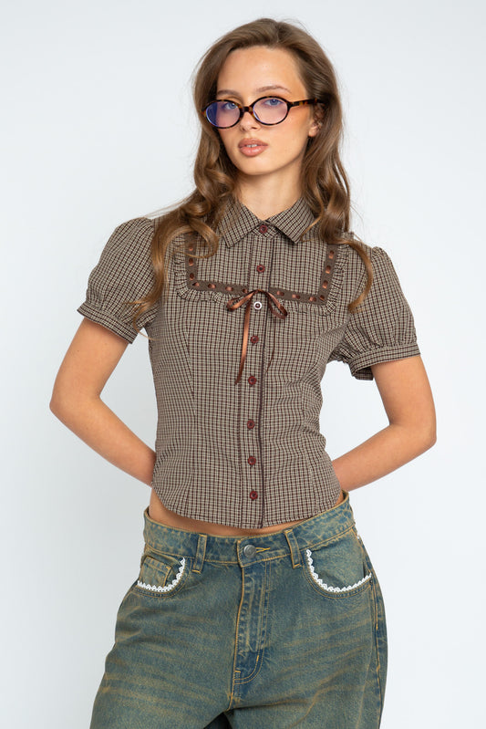 Daisy Street - Brown Check Ribbon Frill Maple Shirt