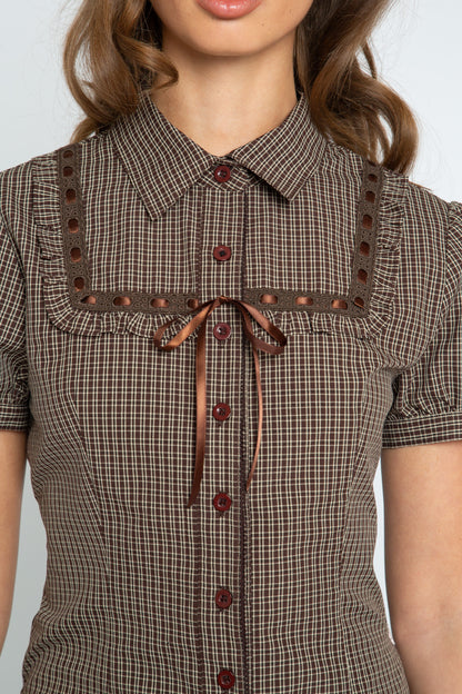 Daisy Street - Brown Check Ribbon Frill Maple Shirt