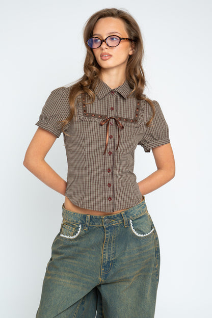 Daisy Street - Brown Check Ribbon Frill Maple Shirt