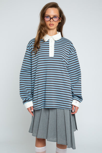 Daisy Street - Blue & Brown Stripe Rugby-style Mona Top