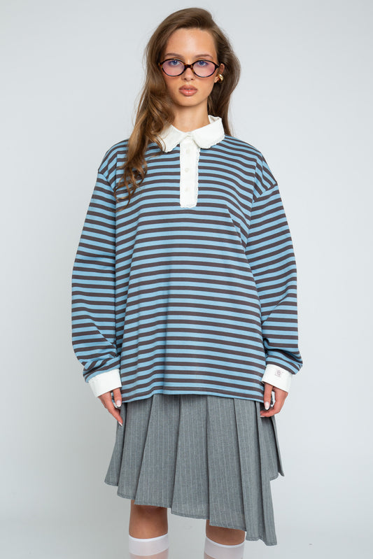 Daisy Street - Blue & Brown Stripe Rugby-style Mona Top