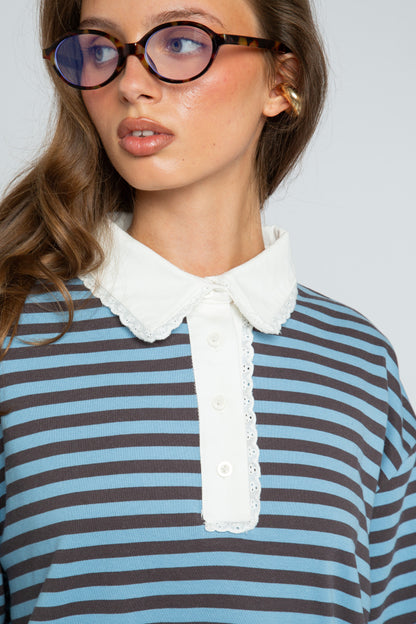 Daisy Street - Blue & Brown Stripe Rugby-style Mona Top