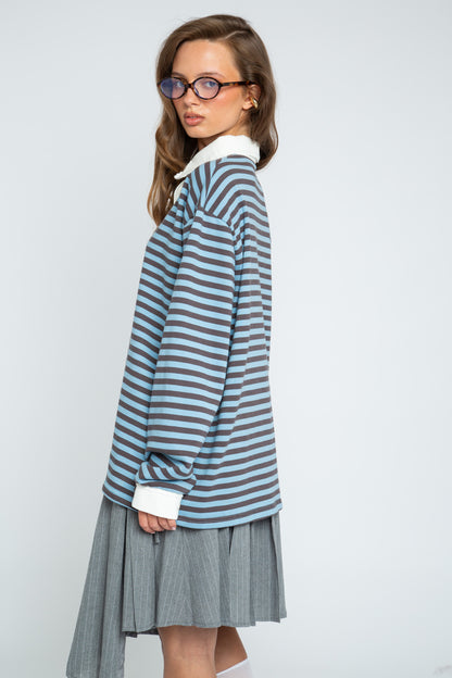 Daisy Street - Blue & Brown Stripe Rugby-style Mona Top