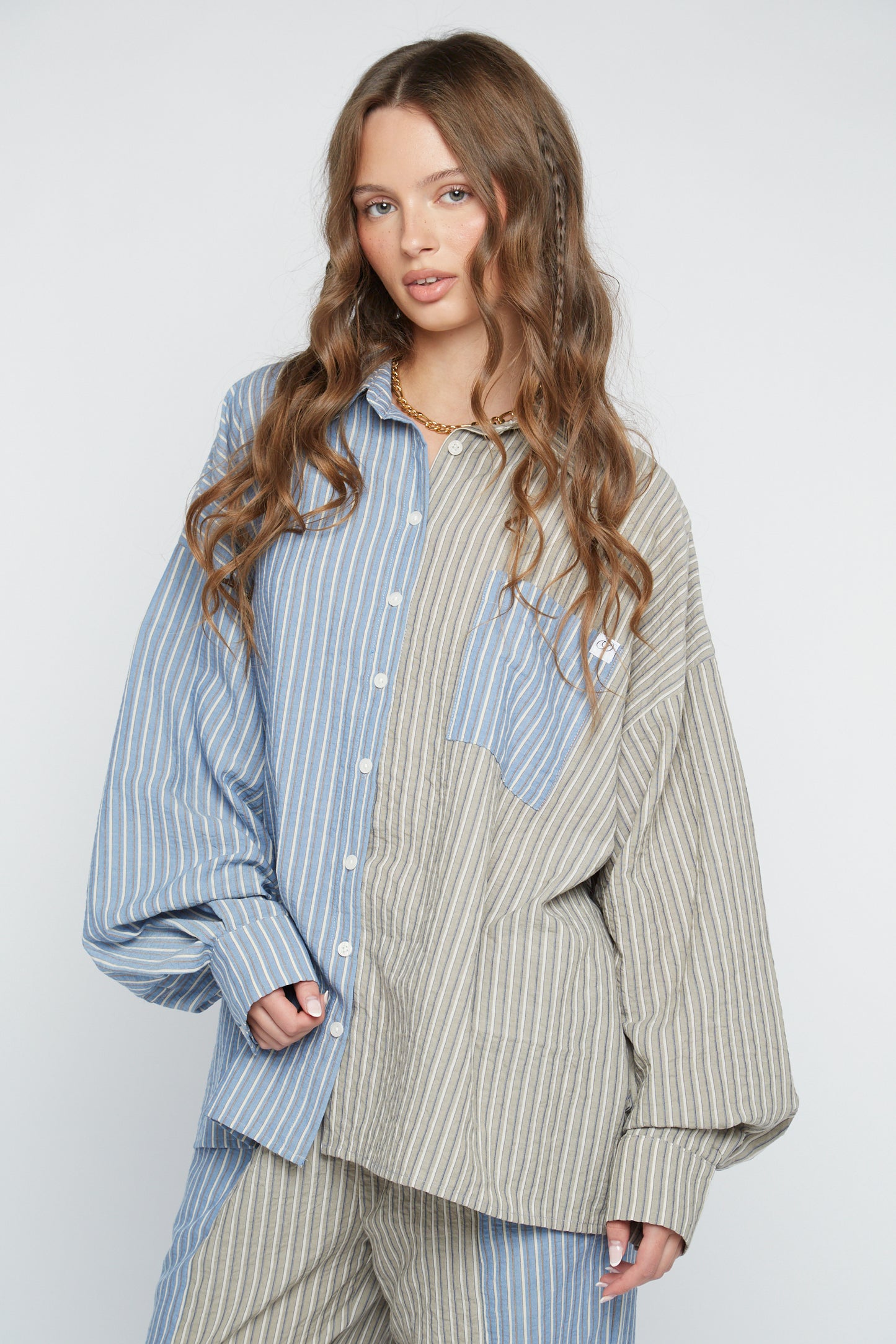 Daisy Street - Oversized Blue & Green Striped Swirl Shirt