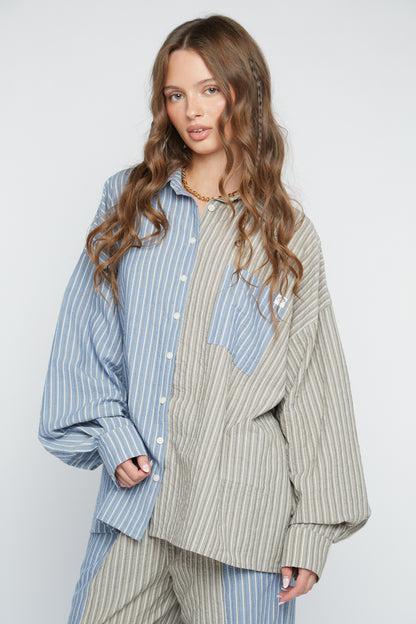Daisy Street - Oversized Blue & Green Striped Swirl Shirt