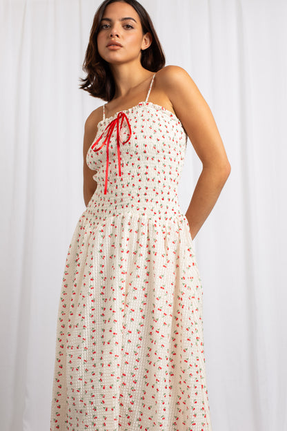 Daisy Street - Cream Cherry Print Midaxi Shirred Dress