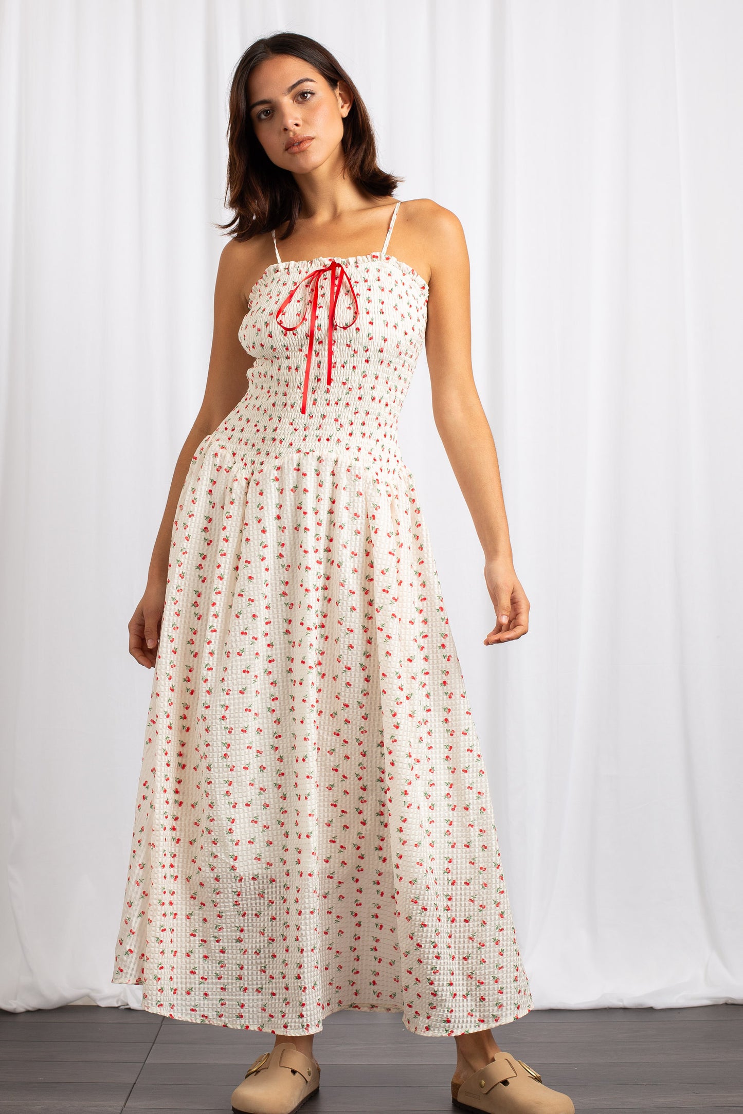 Daisy Street - Cream Cherry Print Midaxi Shirred Dress