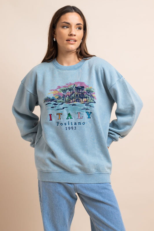 Daisy Street - Washed Blue Sweater with Italy Print