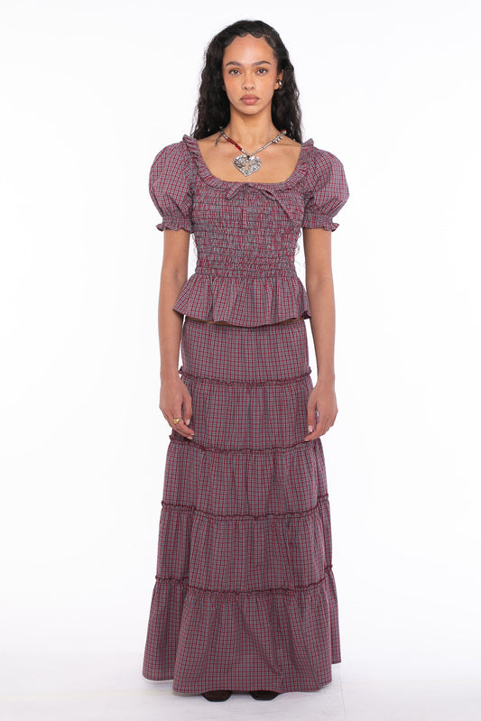 Daisy Street - Red & Grey Checked High Rise Frill Maxi Skirt