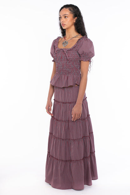 Daisy Street - Red & Grey Checked High Rise Frill Maxi Skirt