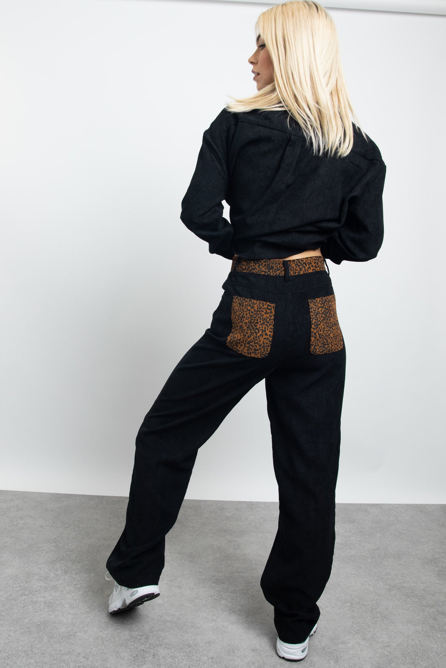 Daisy Street - Black Cord Trousers with Leopard Print Contrast Details
