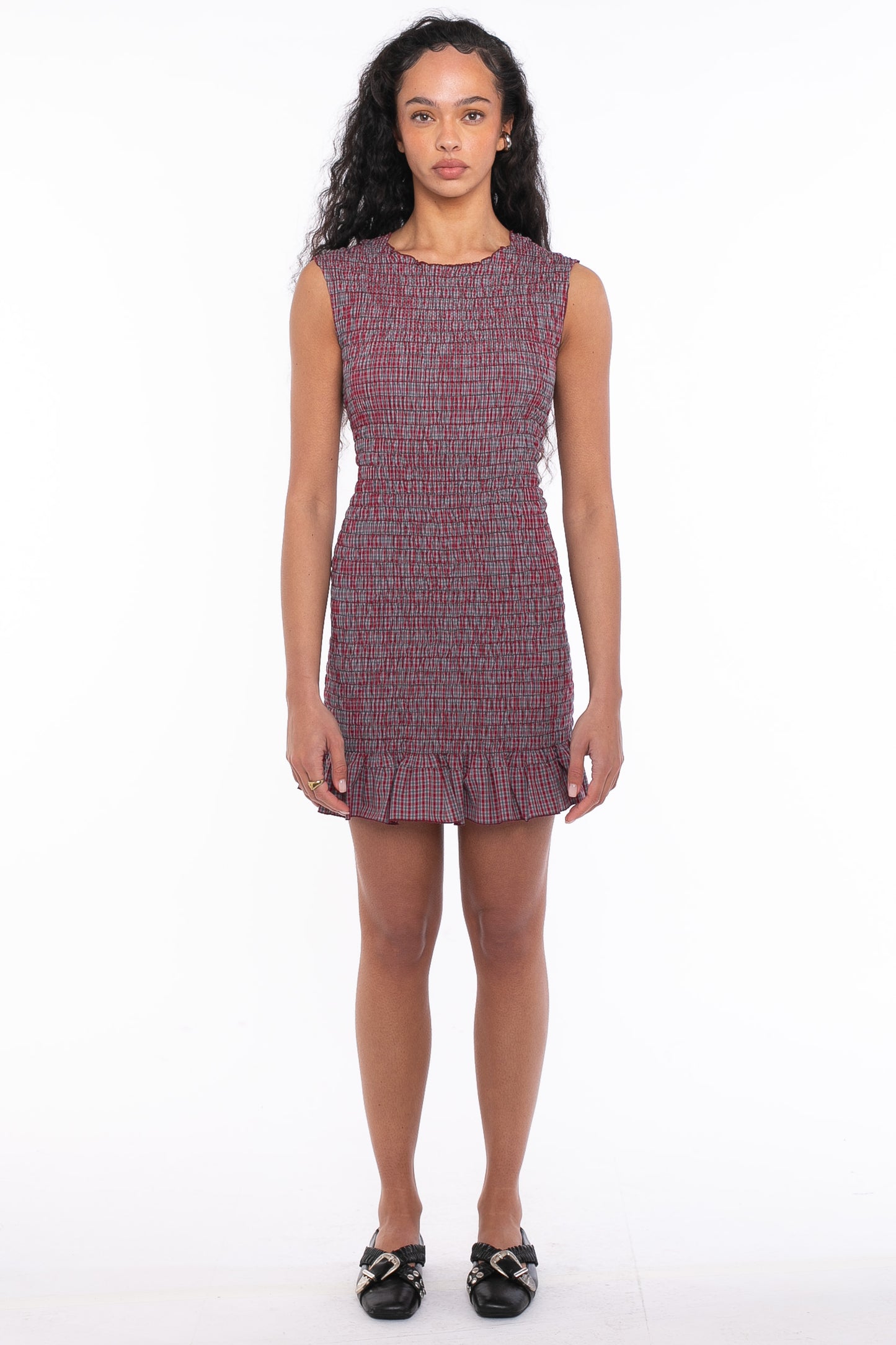 Daisy Street - Red & Grey Checked Dress with Shirred Body