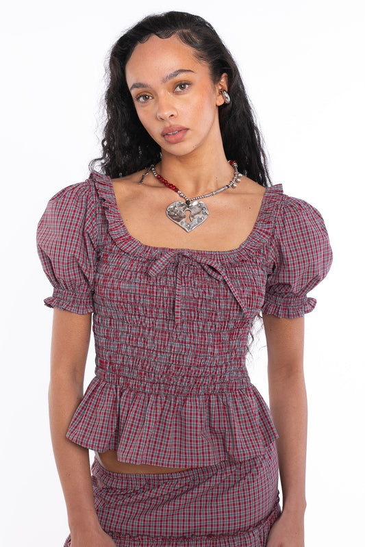 Daisy Street - Red & Grey Checked Bodice Blouse with Puff Sleeves