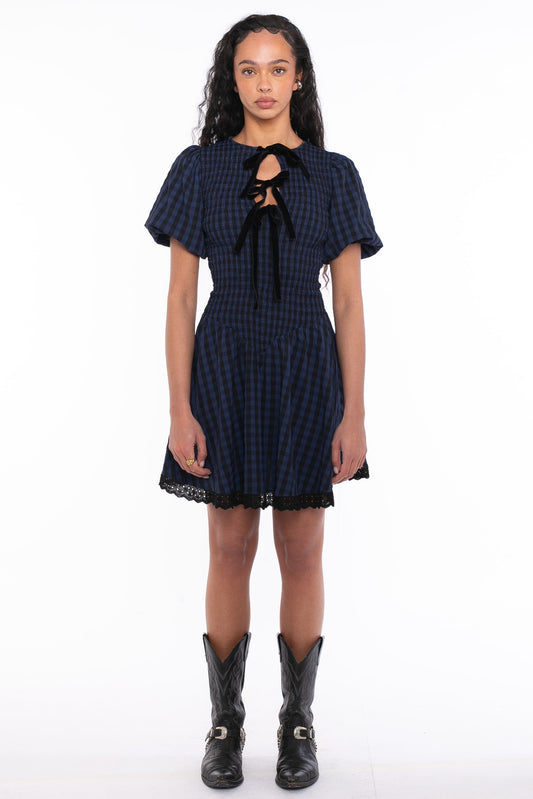 Daisy Street - Blue & Black Gingham Mini Dress with Bow Front