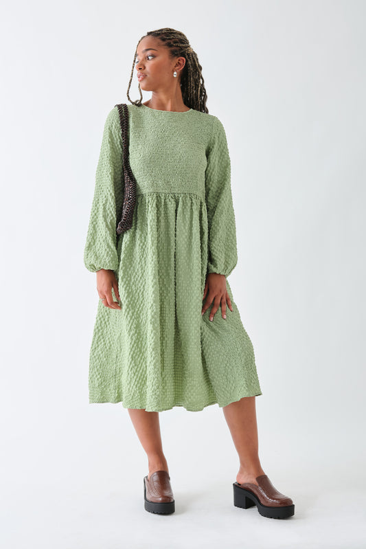 Daisy Street - Sage Green Shirred Midi Smock Dress