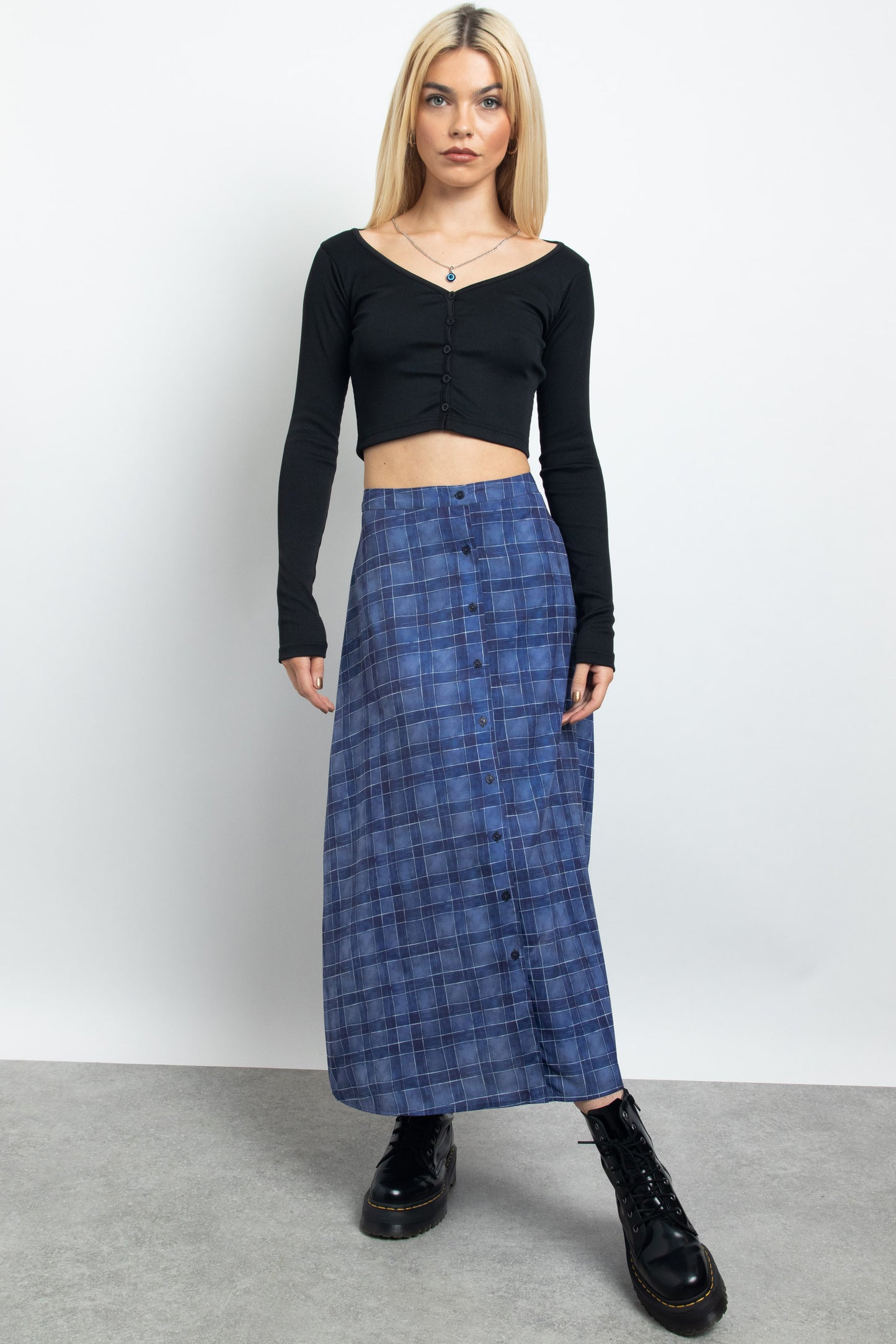 Daisy Street - Blue Check Button Up Midi Skirt