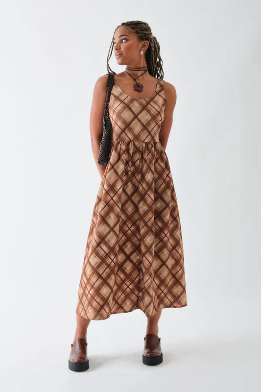 Daisy Street - Brown Check Printed Midi Smock Dress