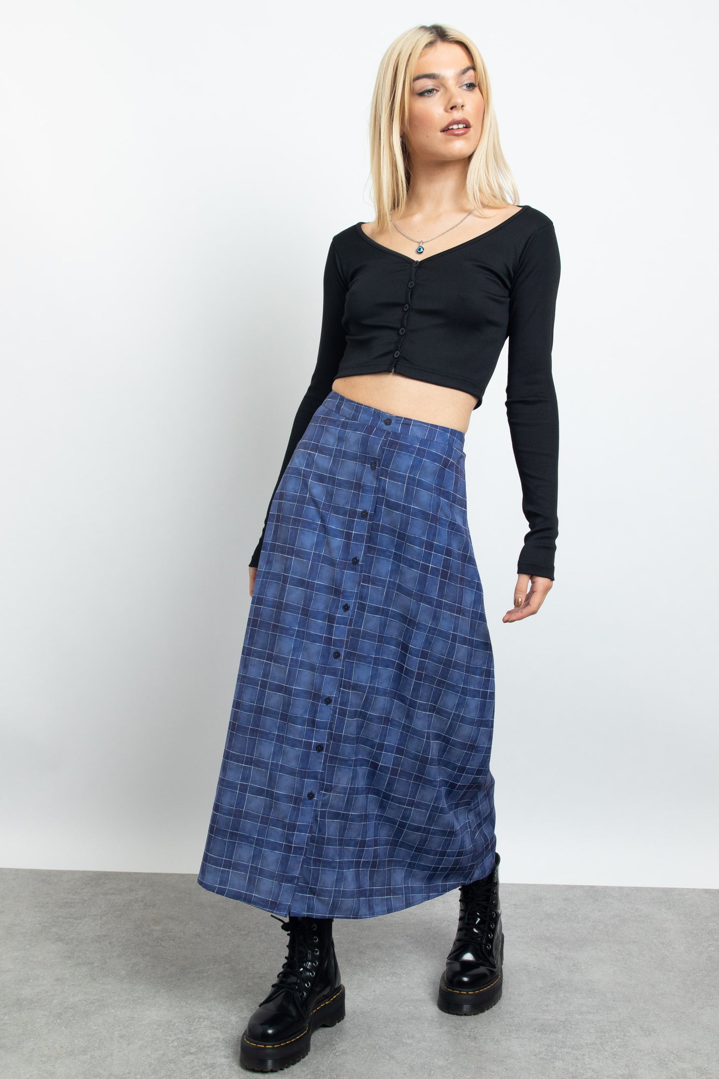 Daisy Street - Blue Check Button Up Midi Skirt