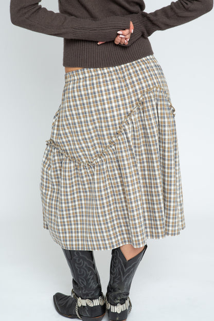 Daisy Street - Brown Check Asymmetric Frill Delphine Skirt