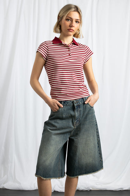 Daisy Street - Red and White Striped Slim Polo Shirt