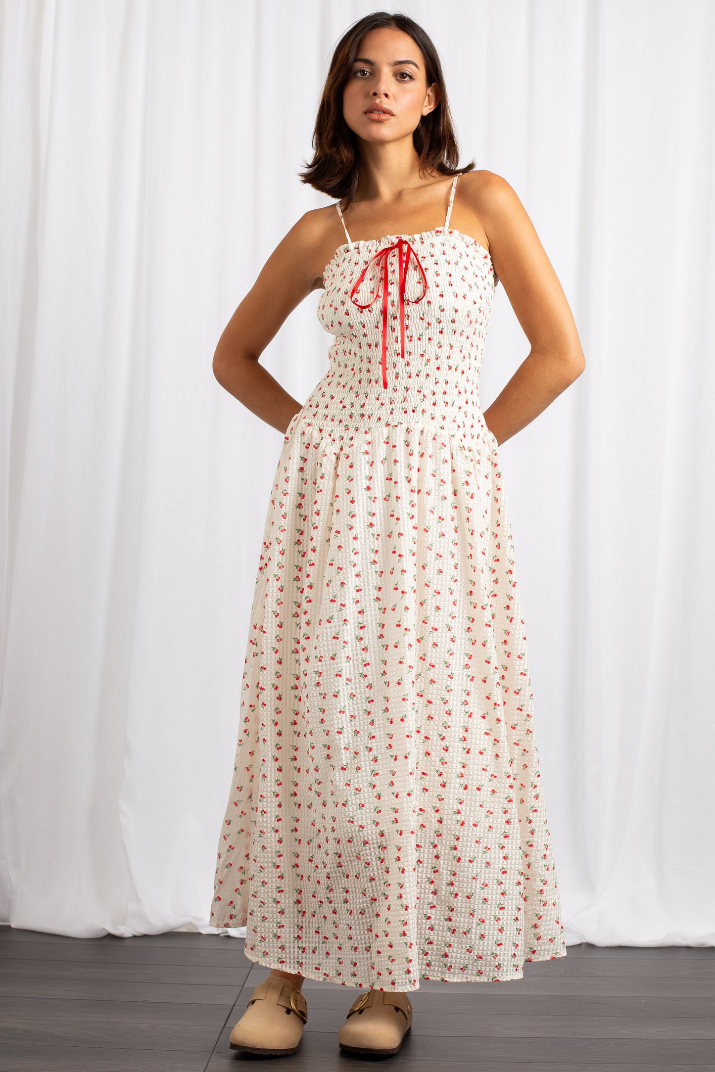 Daisy Street - Cream Cherry Print Midaxi Shirred Dress