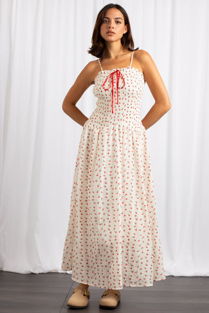 Daisy Street - Cream Cherry Print Midaxi Shirred Dress