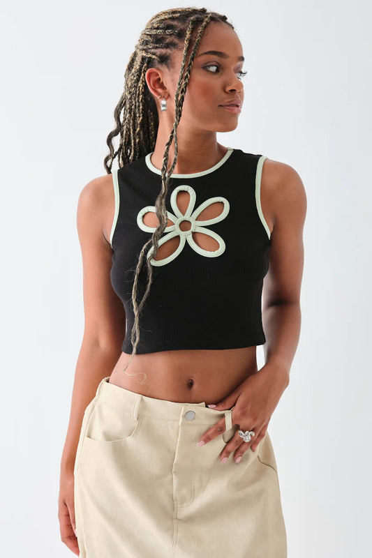 Daisy Street - Cropped Ribbed Vest with Flower Cut Out