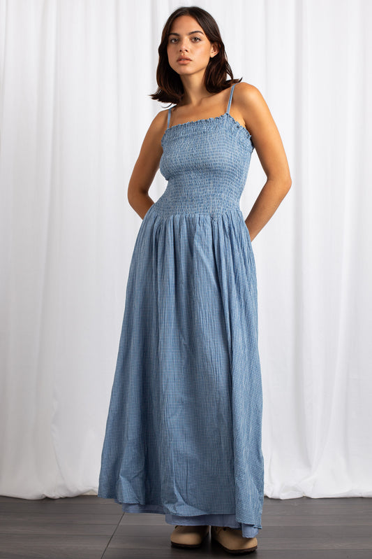 Daisy Street - Drop Waist Shirred Maxi Dress in Blue Check