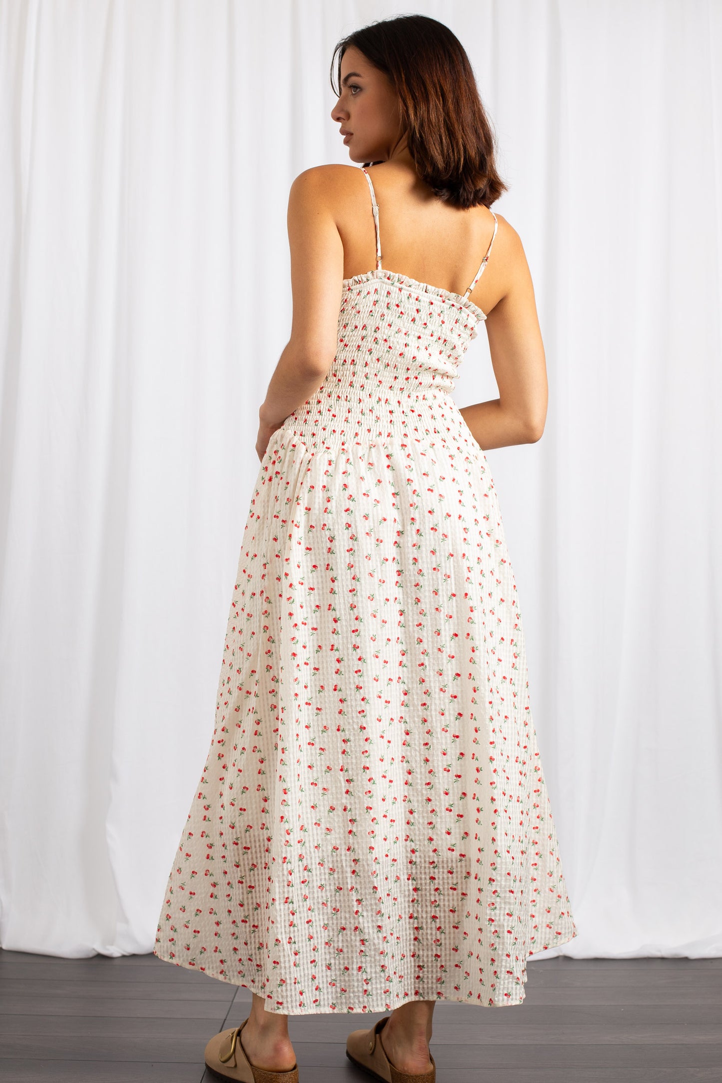 Daisy Street - Cream Cherry Print Midaxi Shirred Dress