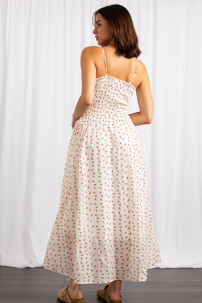 Daisy Street - Cream Cherry Print Midaxi Shirred Dress