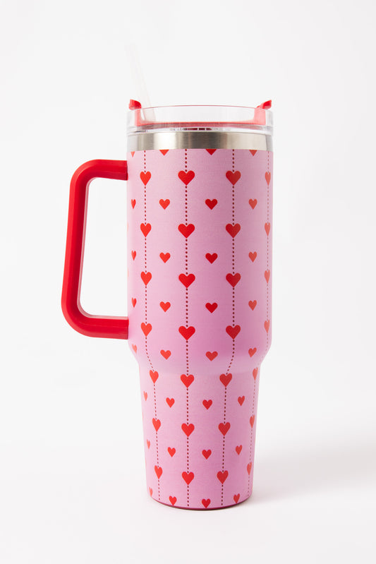 Daisy Street - Pink & Red Heart Print Drinking Cup with Handle