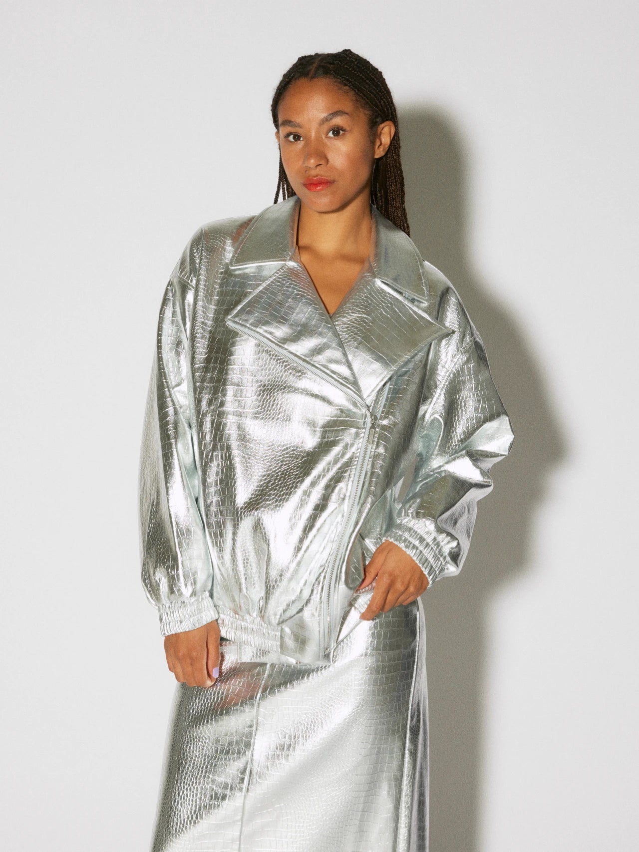 Something New Silver Faux Croc Oversized Bomber Jacket