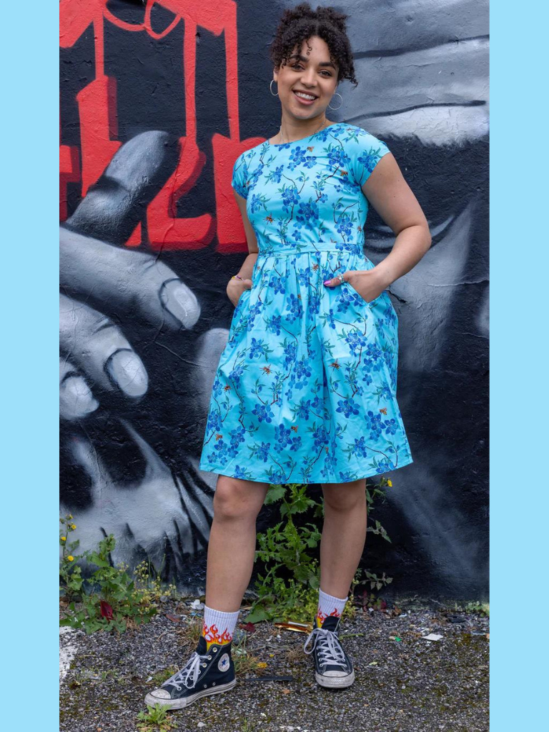 Run & Fly - Cherry Blossom Blue Belted Stretch Tea Dress with Pockets